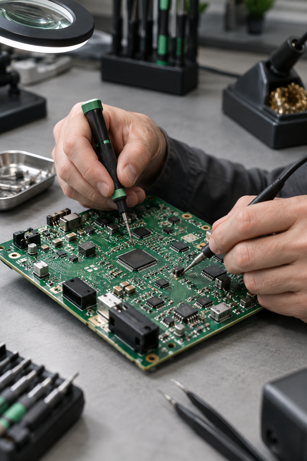 Manos reparando una placa electrónica verde