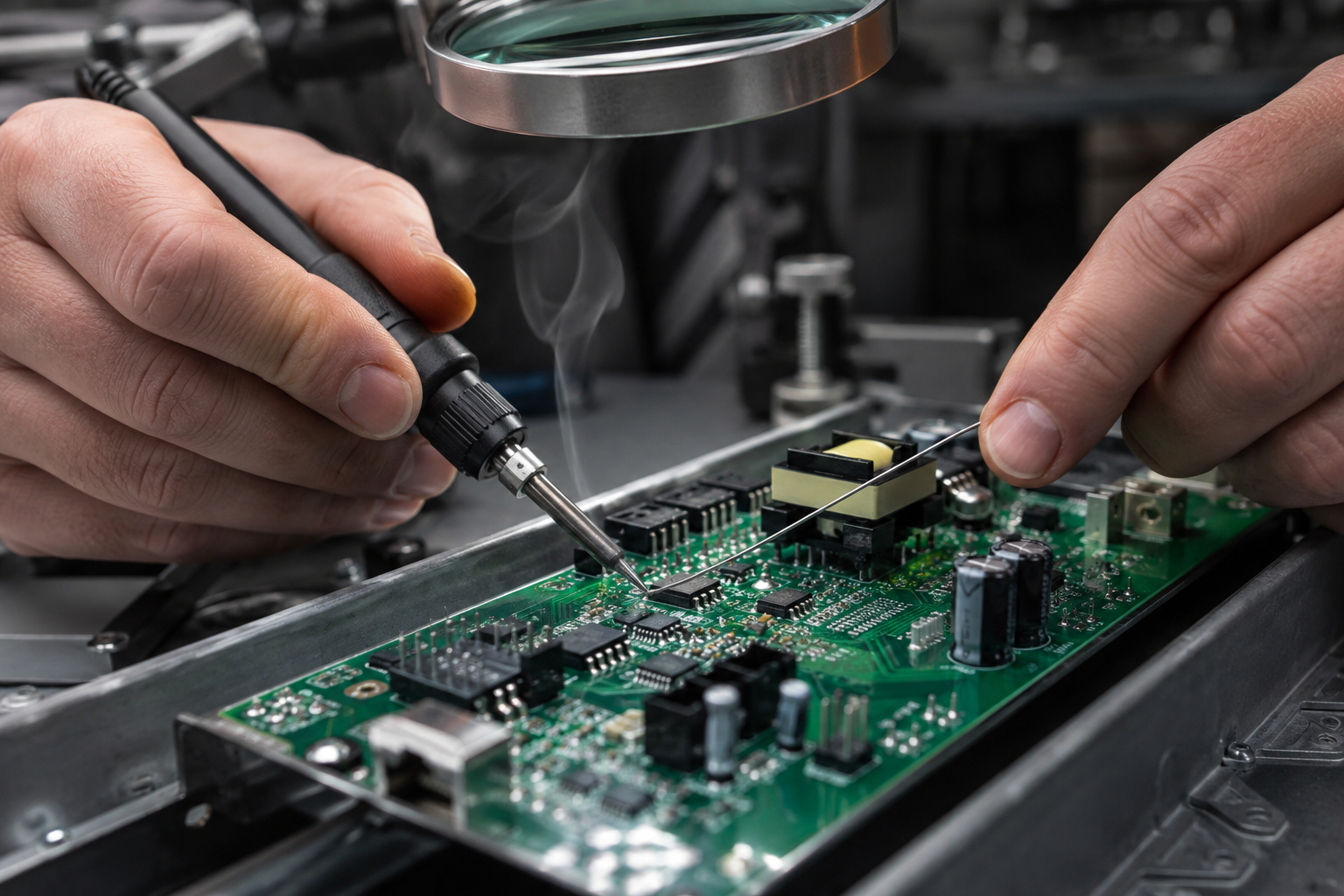 Técnico soldando un componente directamente sobre una placa electrónica industrial