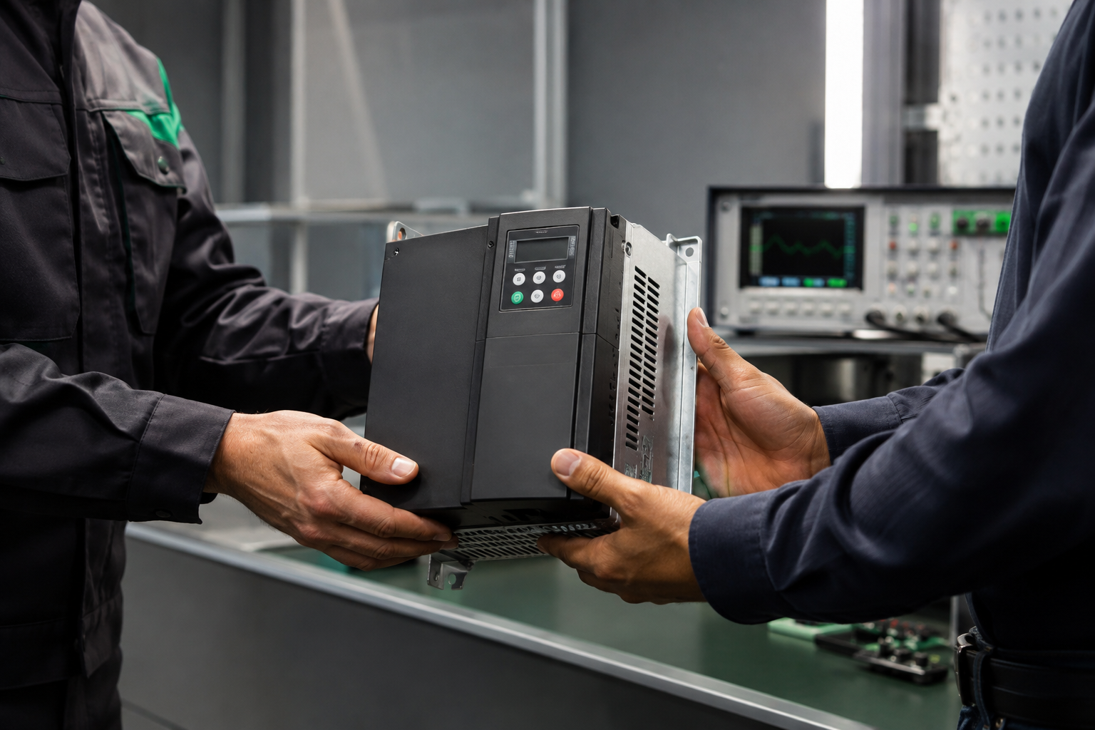 Técnico entregando al cliente un equipo industrial reparado y comprobado